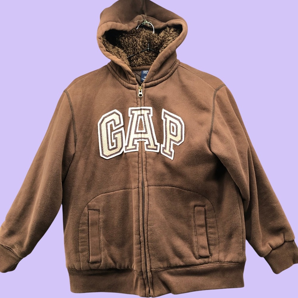 Vintage Y2K Gap Kids Brown Sherpa & Quilted Lined Arch Logo Zip Hoodie Size 10